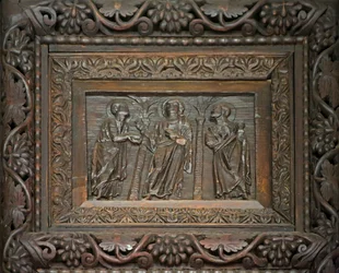 Panneau de la porte du 5ème siècle : le Christ avec deux disciples